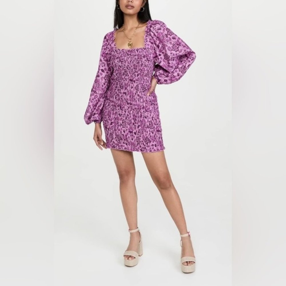 FREE PEOPLE | NWT 🏷️ Purple Smock It To Me Mini Dress Ruffle Floral Smocked- XS